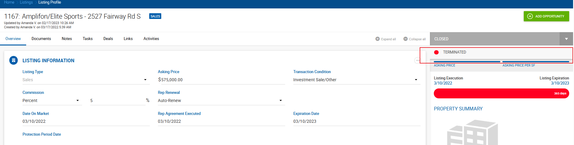 Terminating a listing